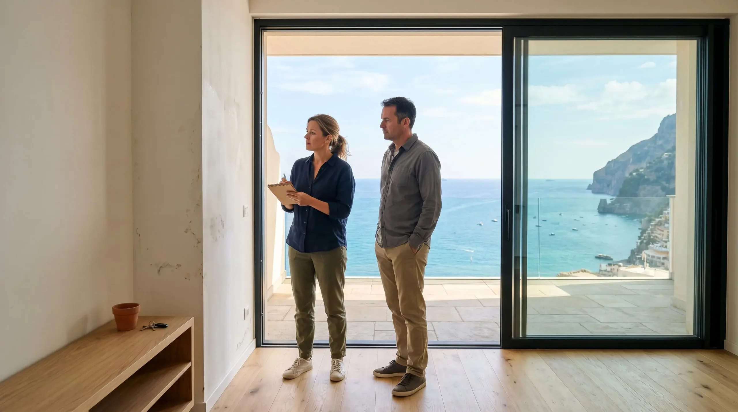Intérieur d'un appartement lumineux avec baies vitrées donnant sur la mer à Port-Leucate, visiteurs observant la vue